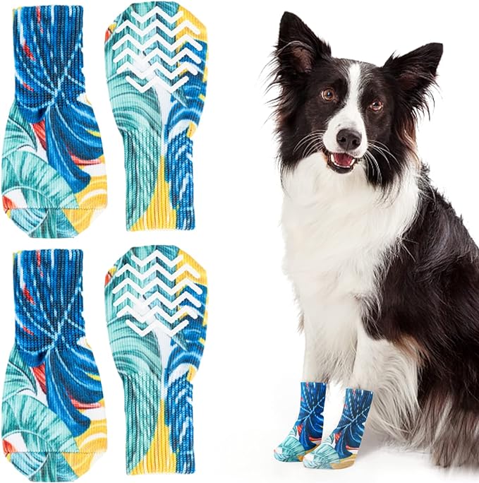 4PCS Anti-Slip Dog Socks Traction Control with Adjustable Straps (Blue, XL)