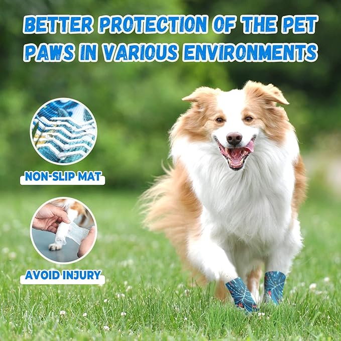 4PCS Anti-Slip Dog Socks Traction Control with Adjustable Straps (Blue, XL)
