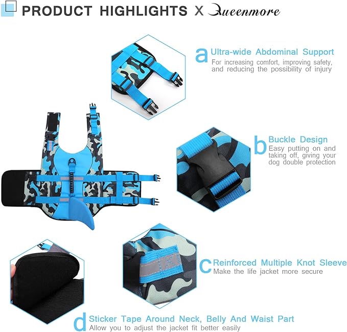 CITÉTOILE Life Jackets for Dogs, Camouflage Shark  XS